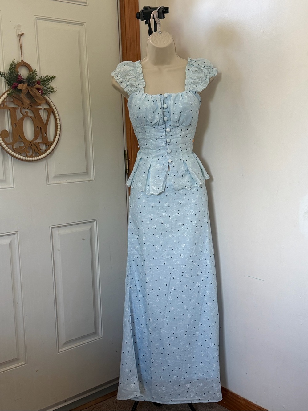 Light Blue Eyelet Peplum Button Front Top